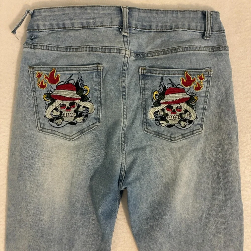 Bamboo Jeans Womens Size 13 Wide Leg Embroidered Skull Flames Hardy Festival